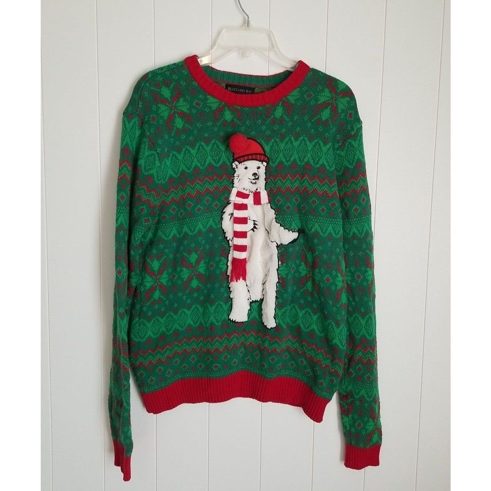 Blizzard Bay Men Ugly Christmas Sweater Polar Bear Size Small Green Winter Knit